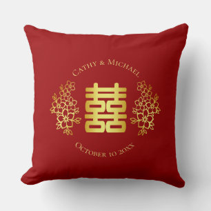 Coussin Logo floral or rouge Cérémonie du thé mariage chin