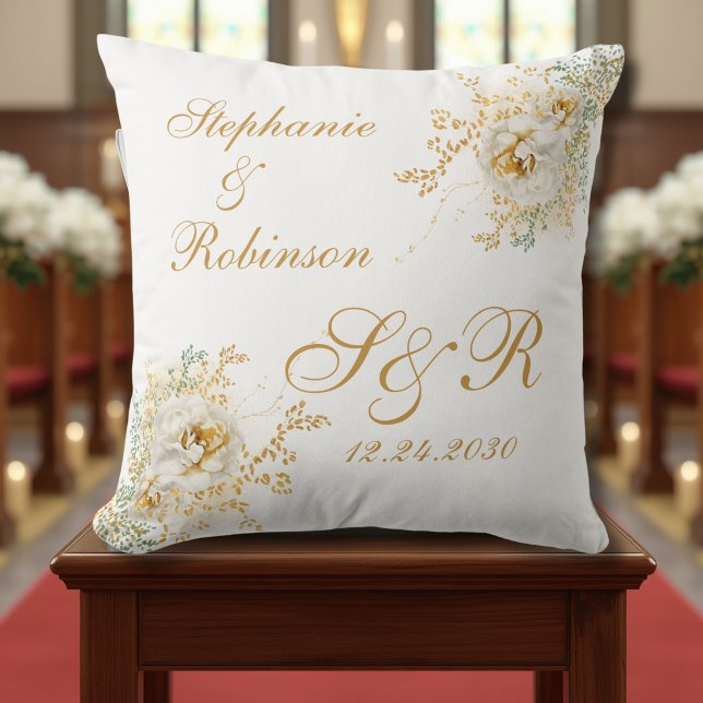 Coussin Logo monogramme floral doré Mariage agenouillement (Créateur téléchargé)