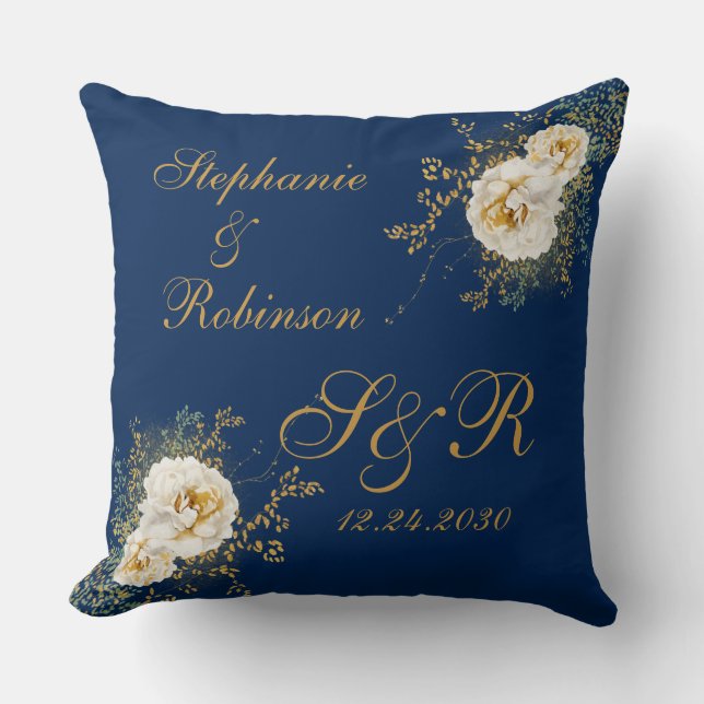Coussin Logo Monogramme Floral Or Sur Mariage Bleu Marine  (Recto)