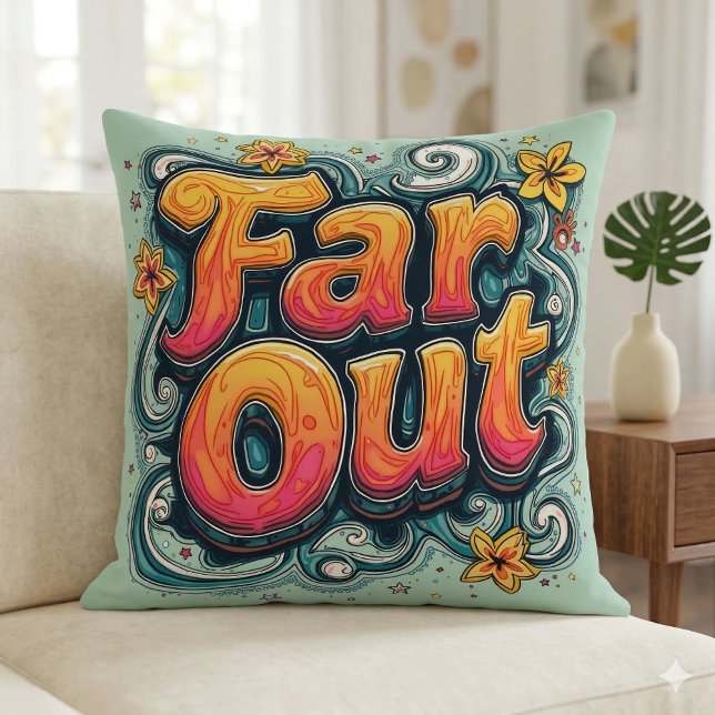 Coussin Loin Retro les années 70 Psychédélique Super Hippi (Far Out Retro 70s Psychedelic Groovy Hippie Throw Pillow Mockup A)