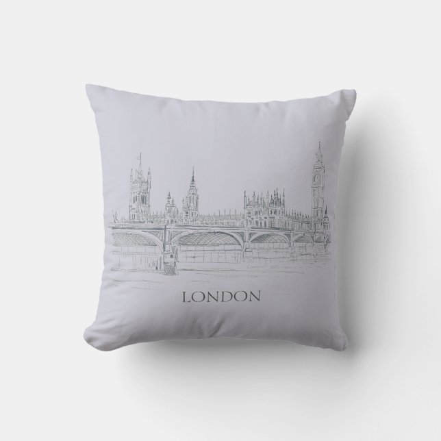 Coussin London Bridge Big Ben et Skyline Ink Sketch (Recto)