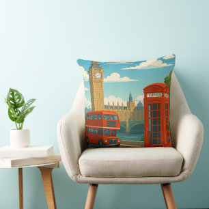 Coussin Londres Angleterre Voyage Vintage Big Ben, Bus Rou