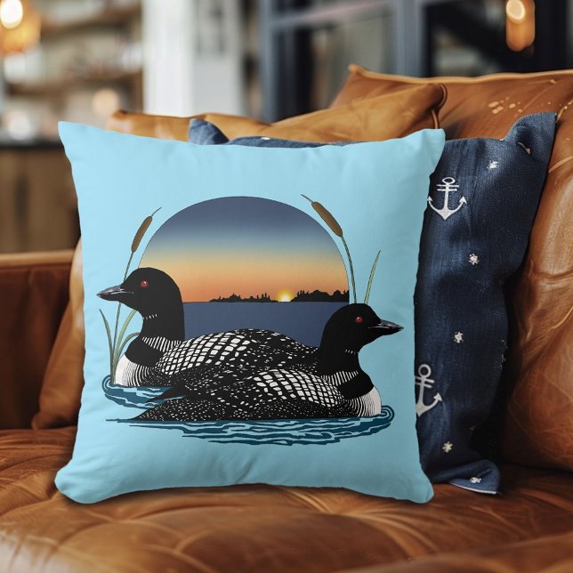 Coussin Loon Couple coucher de soleil bleu (Créateur téléchargé)