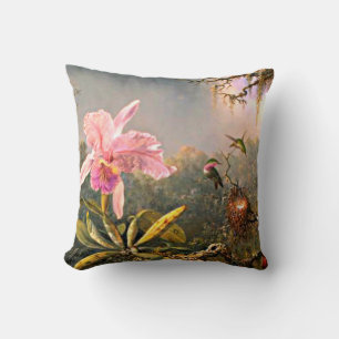 Coussin L'orchidée de Cattleya et trois colibris,