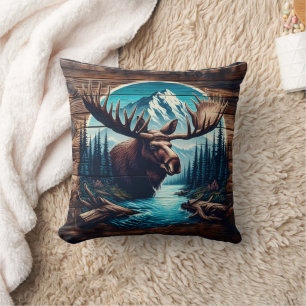 Coussin L'orignal dans le paysage de montagne avec rivière