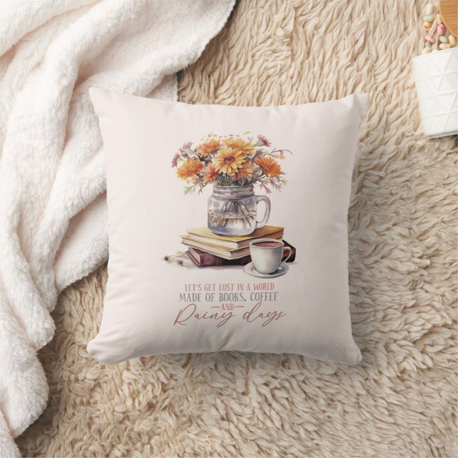Coussin Lost - Livres, café et pluie Rustic (Couverture)
