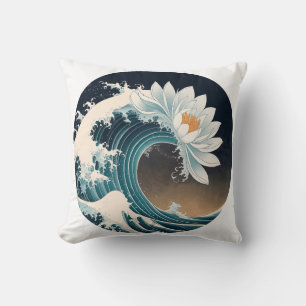 Coussin Lotus blanc et vague océanique - Élégance en mouve