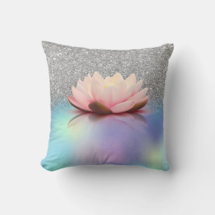 Coussin Lotus Élégant Paillettes Argentées Bokeh Holograph