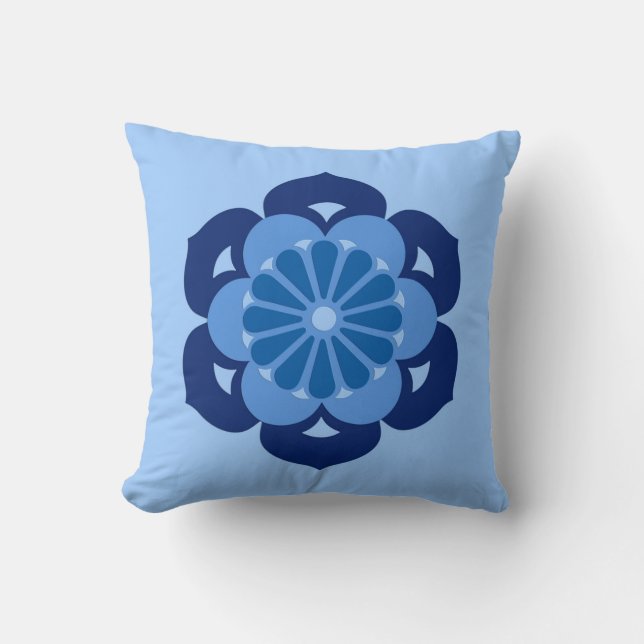 Coussin Lotus Flower Mandala, Indigo et bleu clair (Recto)