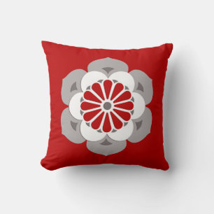 Coussin Lotus Flower Mandala, rouge foncé, gris et blanc