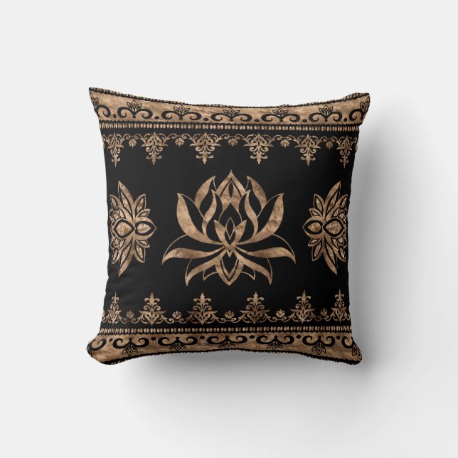 Coussin Lotus Flower ornement de luxe - noir et or (Recto)