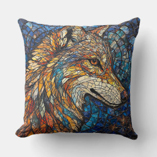 Coussin Loup avec des pièces de verre colorées vibrantes