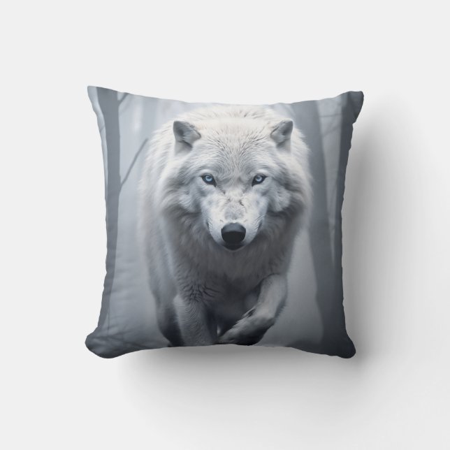 Coussin Loup blanc dans la forêt de Foggy (Recto)