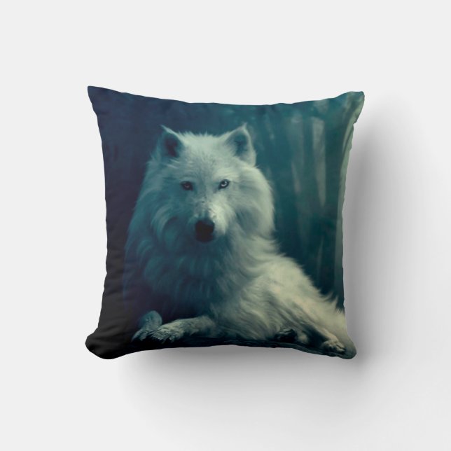 Coussin Loup blanc dans la forêt nocturne (Recto)
