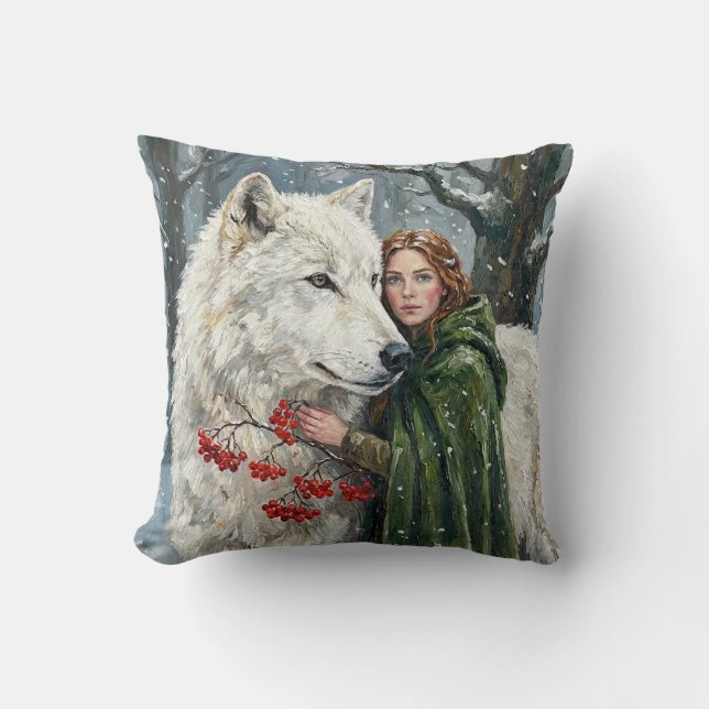 Coussin Loup Blanc Druide Roux Baies d'Hiver Fantaisie Ar (Recto)