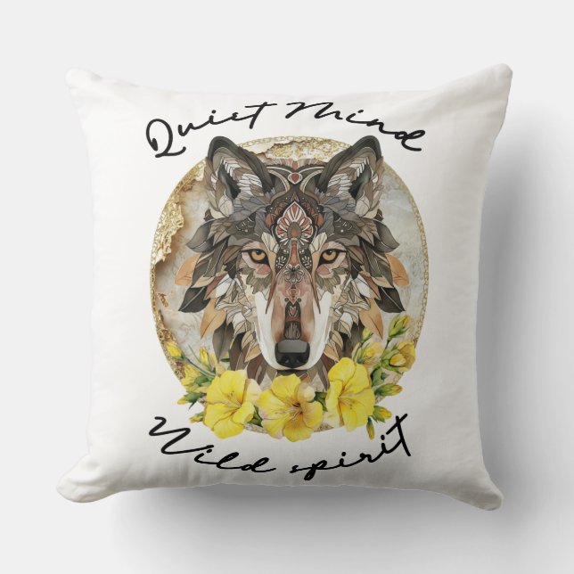 Coussin Loup Boho Orné avec Fleurs Jaunes (Recto)