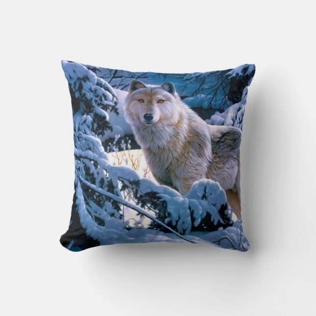 Coussin Loup dans la peinture de la forêt d'hiver (Recto)