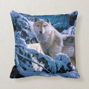 Coussin Loup dans la peinture de la forêt d'hiver