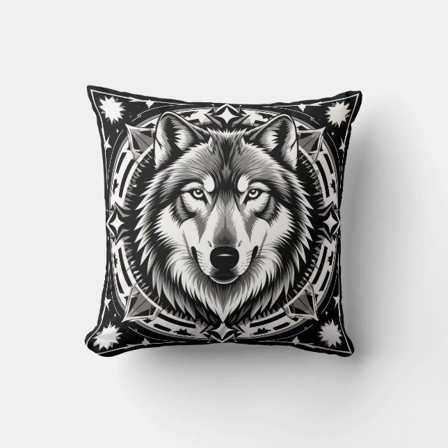Coussin Loup dans un mandala géométrique et décoratif (Recto)