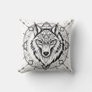 Coussin Loup dans un mandala géométrique et décoratif