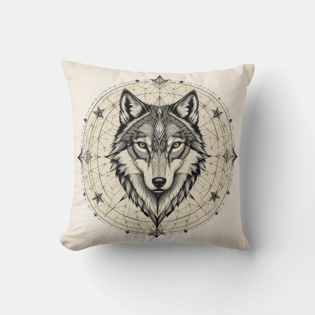 Coussin Loup dans un mandala géométrique et décoratif (Recto)