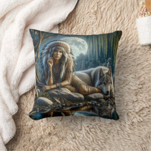 Coussin Loup de loups de femmes autochtones par eau lune