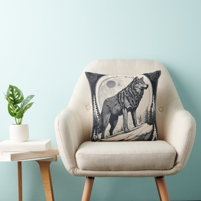Coussin Loup de nuit Howl - Lune et forêt esthétique (Chaise)