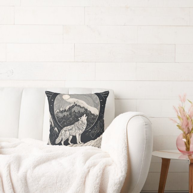 Coussin Loup de nuit Howl - Lune et forêt esthétique (Canapé)
