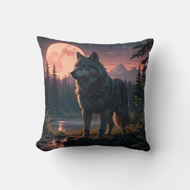 Coussin loup de rêve dans la forêt Jaillir l'oreiller (Recto)