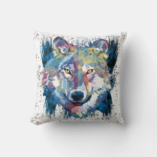 Coussin Loup   Dessin de loup coloré   Peinture Abstraite 