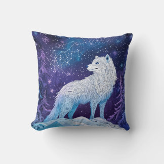 Coussin "Loup en hiver sous un ciel nocturne étoilé"