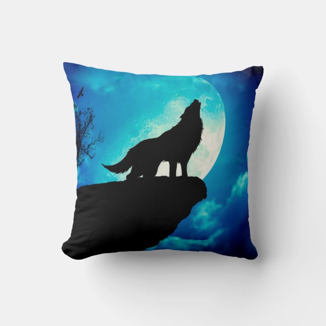 Coussin Loup en silhouette hurlant à la pleine lune (Recto)