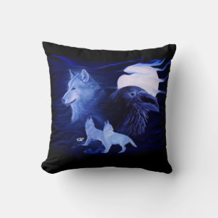 Coussin Loup et corbeau avec pleine lune