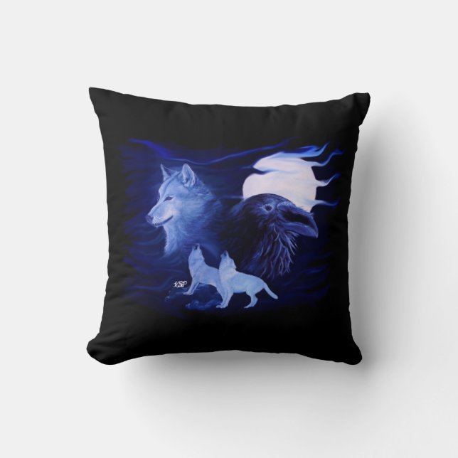 Coussin Loup et corbeau avec pleine lune (Recto)