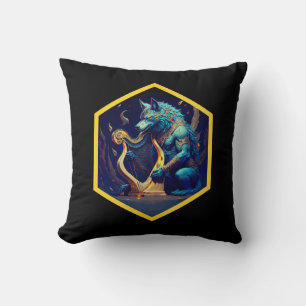 Coussin Loup-garou bleu jouant d'une harpe d'or