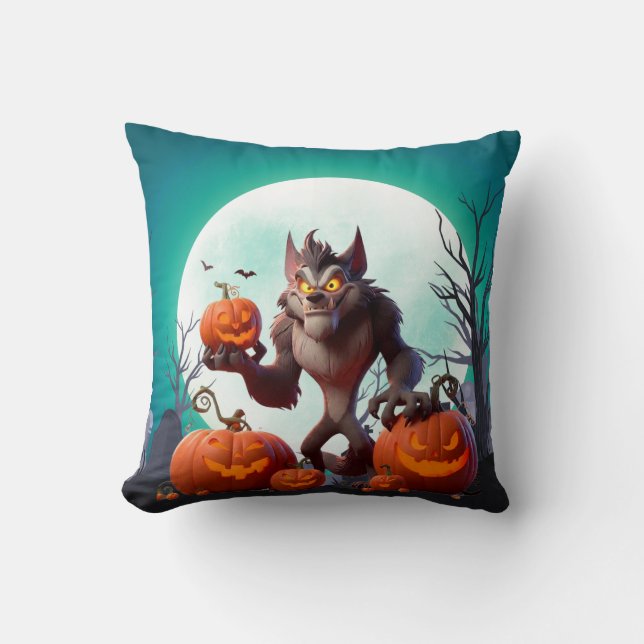 Coussin loup-garou et citrouilles d'Halloween (Recto)