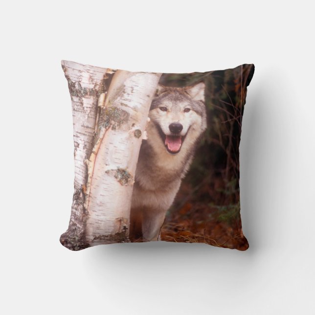 Coussin Loup Gris Derrière un Arbre (Recto)