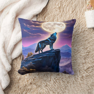 Coussin Loup hurlant à la Pleine lune au-dessus des monts 