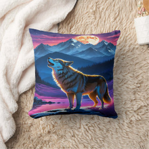 Coussin Loup hurlant sous la Pleine lune au-dessus des mon