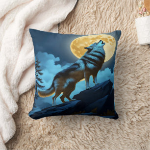 Coussin Loup hurlant sous la Pleine lune brillante