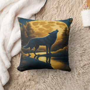 Coussin Loup hurlant sous une Pleine lune éclatante
