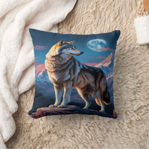 Coussin Loup Majestueux Contre Les Pics Lune.