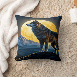 Coussin Loup Majestueux Contre Les Pics Lune.
