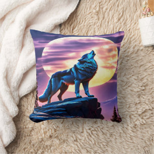 Coussin Loup majestueux hurlant au clair de lune.