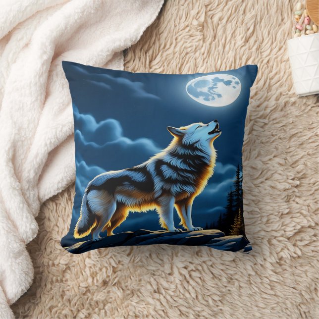 Coussin Loup majestueux hurlant au clair de lune. (Couverture)