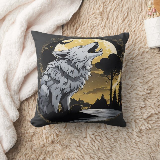 Coussin Loup majestueux hurlant au clair de lune. (Couverture)