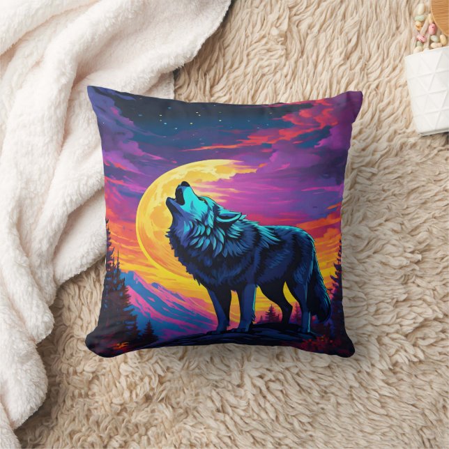 Coussin Loup Majestueux hurlant sous un clair de lune vibr (Couverture)