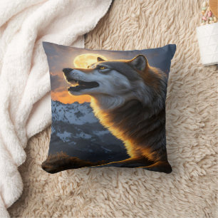Coussin Loup majestueux hurler sous la Pleine lune à Dusk