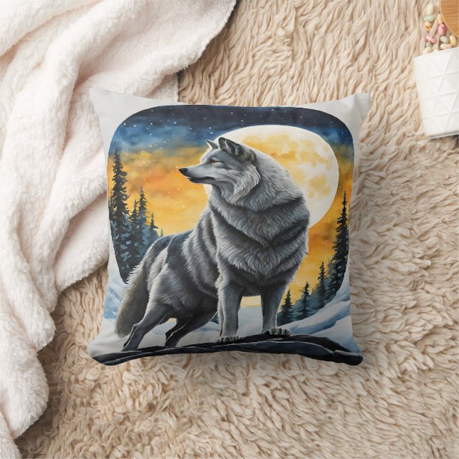 Coussin Loup Majestueux Sous Ciel Lune. (Couverture)