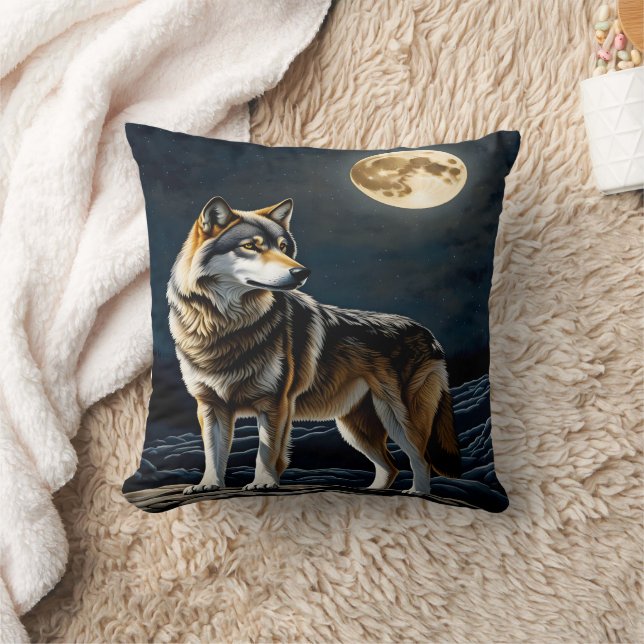 Coussin Loup majestueux sous ciel pleine lune (Couverture)